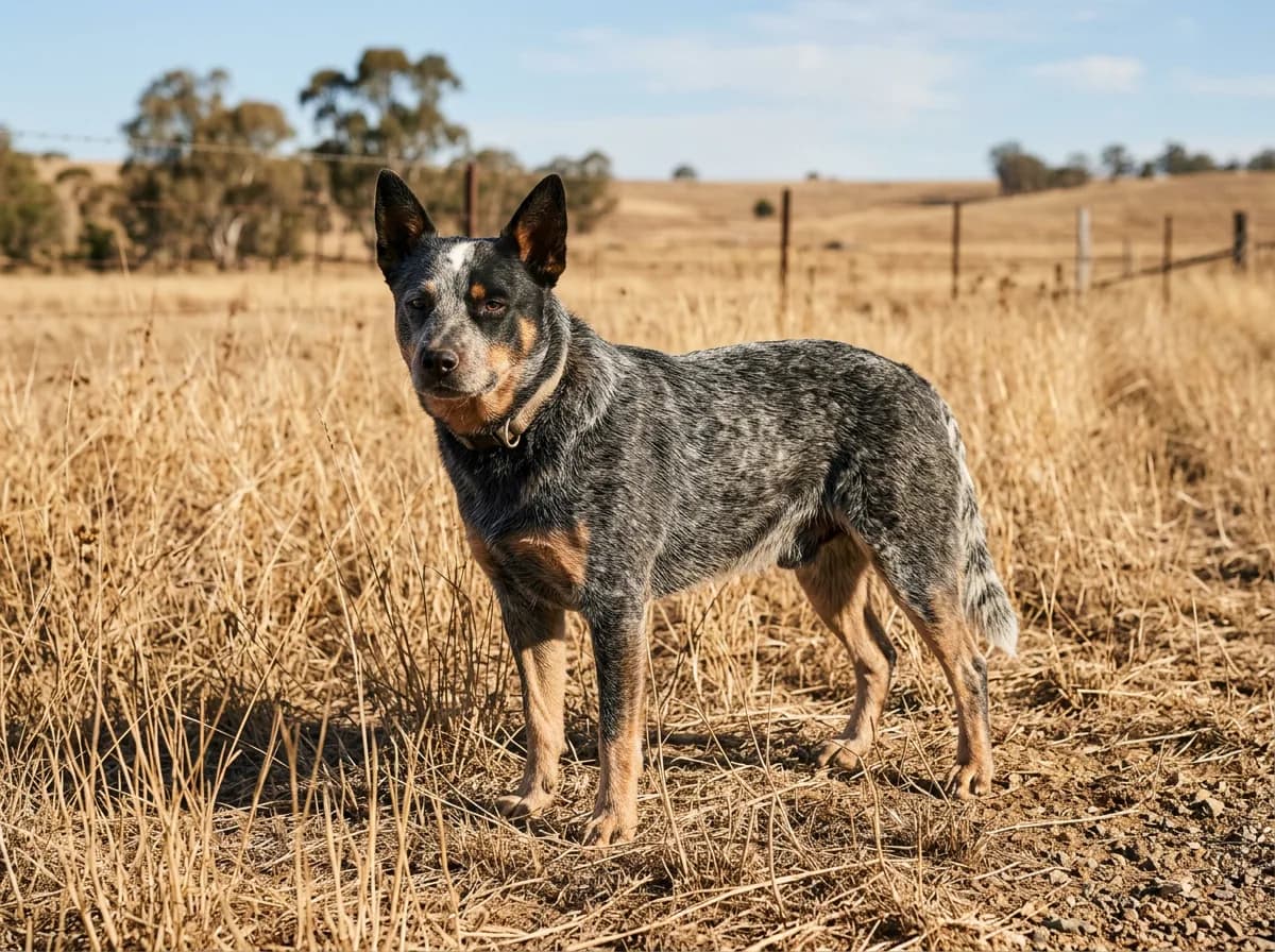 a blue-mottled Australian Cattle Dog standing in a sun-baked paddock of dry grass, muscular and weatherproof