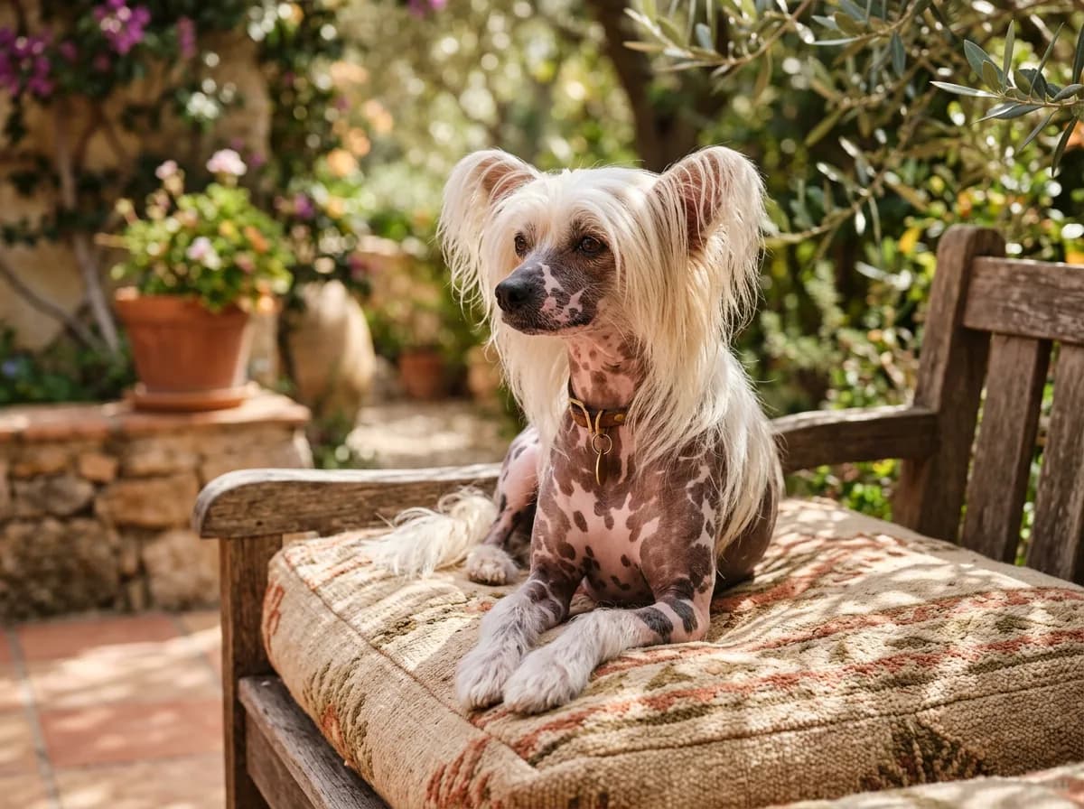 a hairless Chinese Crested with flowing head crest sitting on a warm patio cushion in dappled sunlight