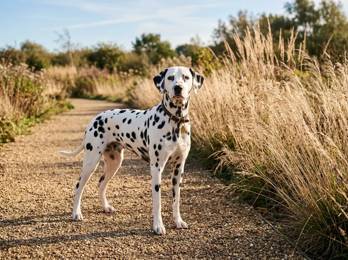 a spotted Dalmatian standing tall on a sunny gravel path beside dry ornamental grasses, sleek short coat