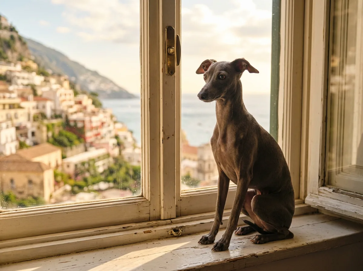 a small blue Italian Greyhound perched on a sunlit windowsill, delicate and short-coated, warm light on its fur