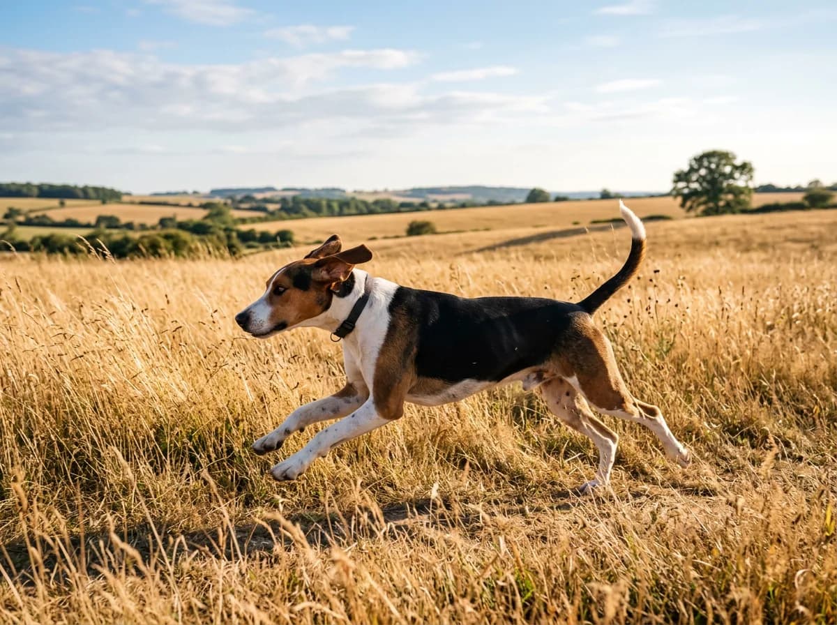 a tricolor American Foxhound loping through a warm open field of tall dry grass under a bright sky