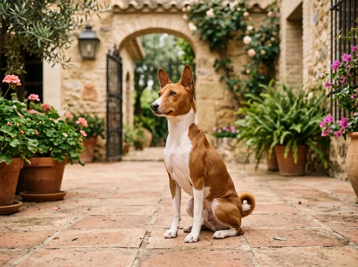 a fine-boned Basenji with a tightly curled tail sitting on warm terracotta tiles beside a shaded courtyard, alert expression