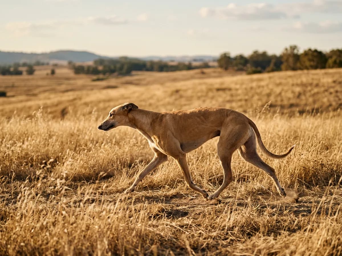 a fawn Greyhound trotting across dry golden grassland in warm afternoon light, long lean muscles visible