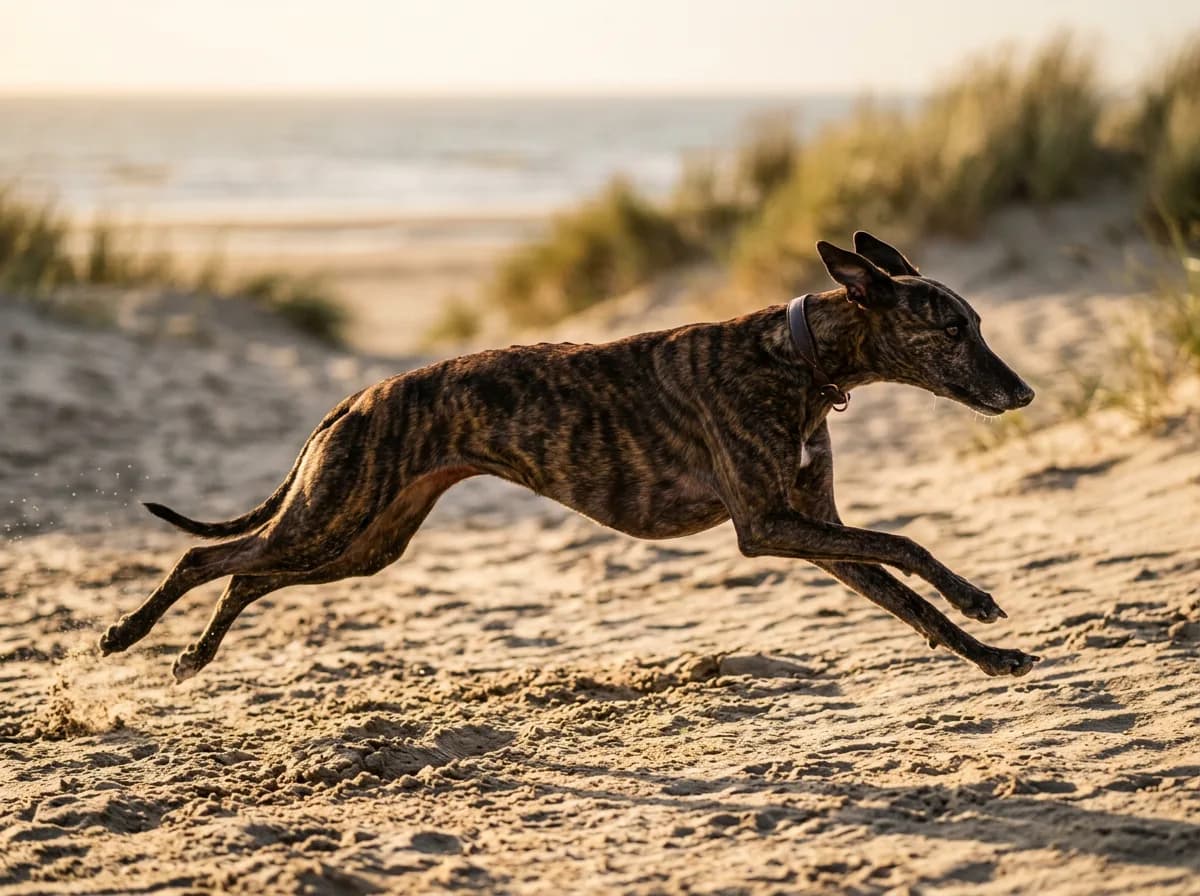 a brindle Whippet mid-stride on sunlit sandy ground, ears folded back, athletic and streamlined