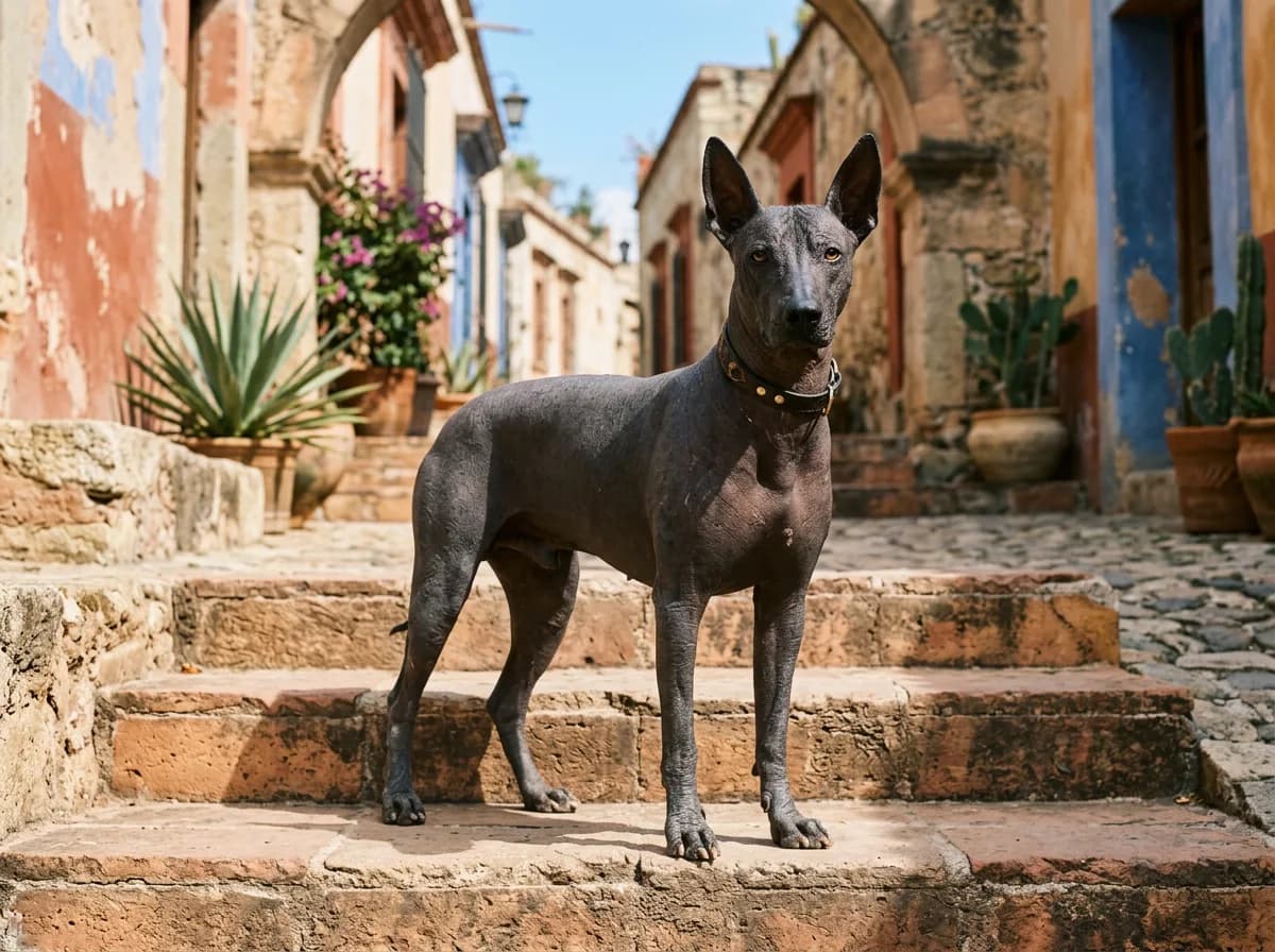 a hairless dark-grey Xoloitzcuintli standing on warm stone steps in bright Mexican sunlight, dignified posture