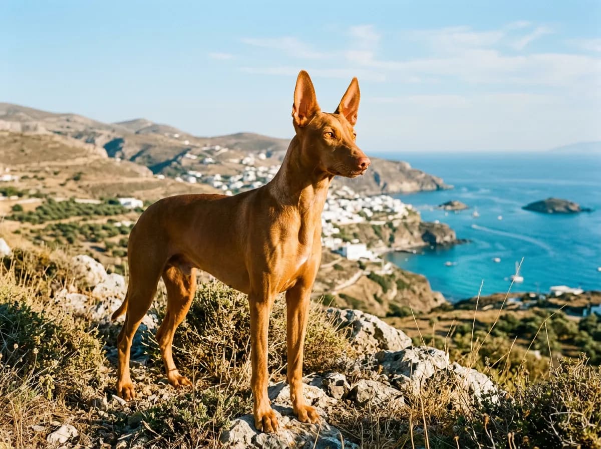a tan Pharaoh Hound with large upright ears standing on a sun-drenched Mediterranean hillside, amber eyes glowing