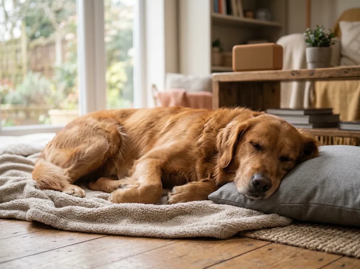 Dog showing visible relaxation response to calming music therapy