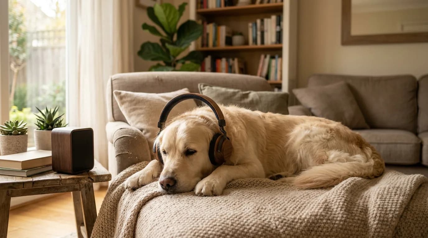 Calm dog listening to soothing music in a peaceful home setting