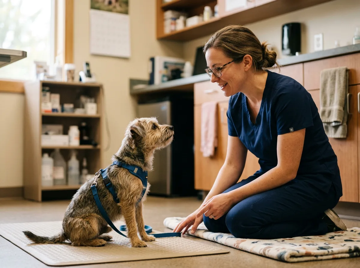 Veterinary professional discussing calming techniques with dog patient
