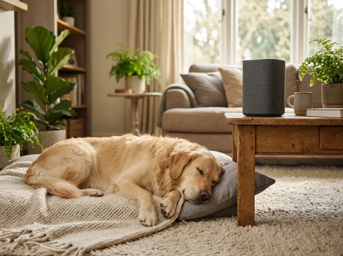 Dog relaxing to calming music played on home speaker system