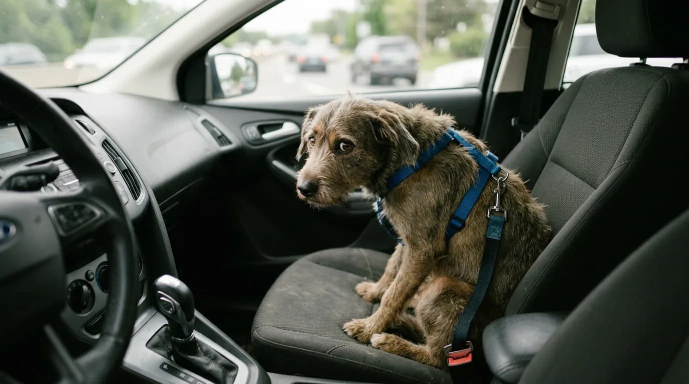 Anxious dog in car front seat