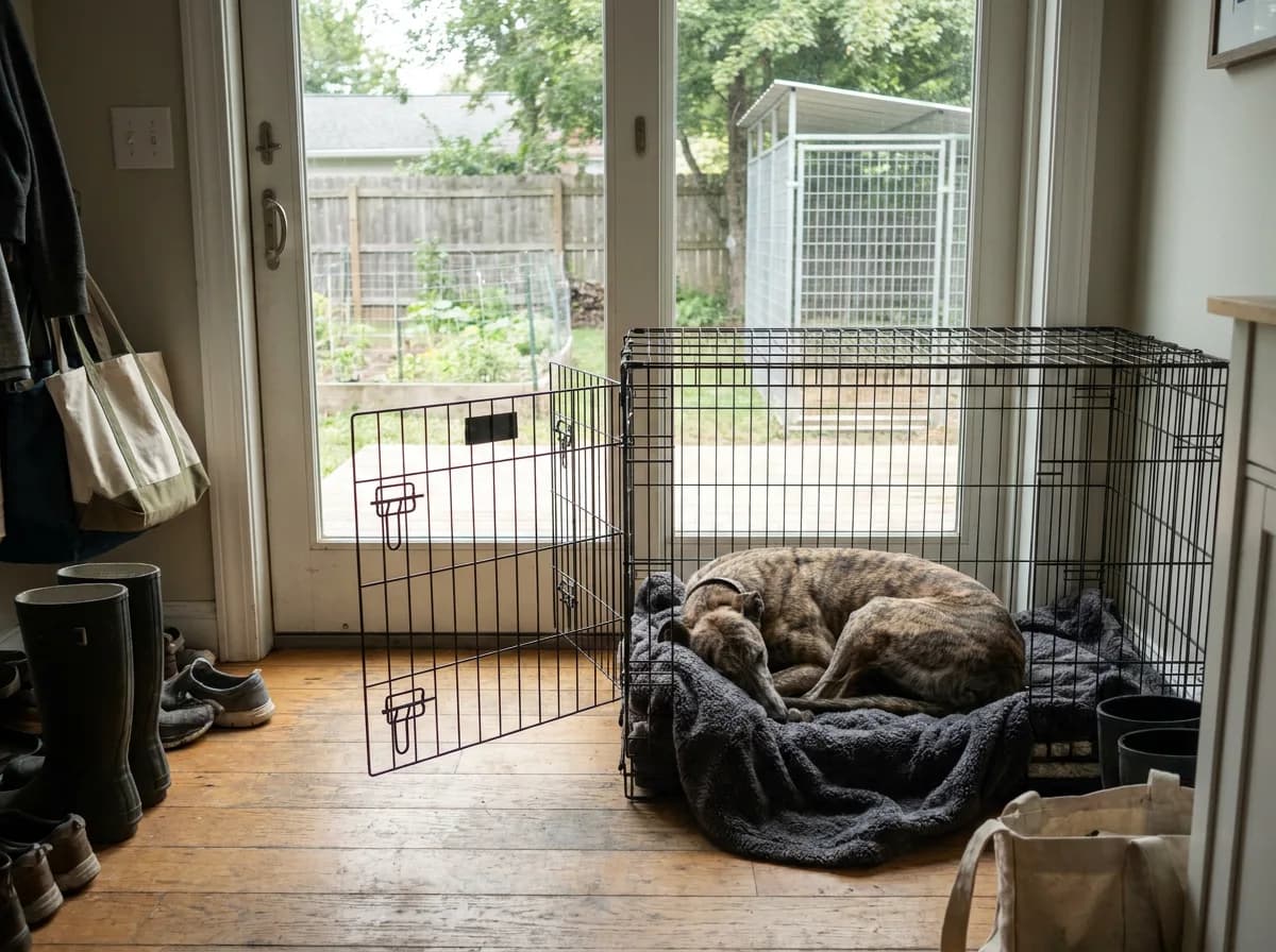 Brindle dog curled on a grey blanket inside an open wire crate in a bright mudroom, with a welded-wire outdoor kennel visible through the glass door