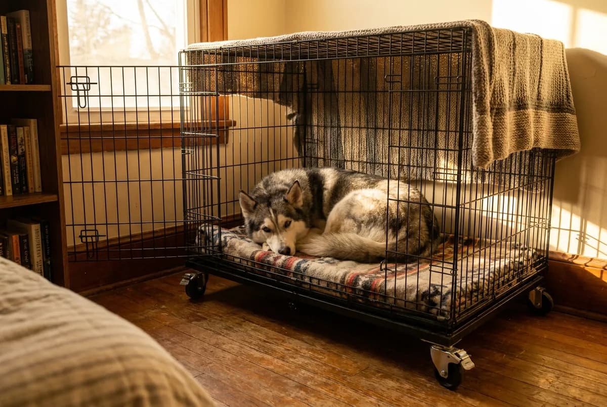 Husky mix resting on a plaid pad inside a black heavy-duty steel crate on casters in a sunny bedroom corner, a blanket draped over the top