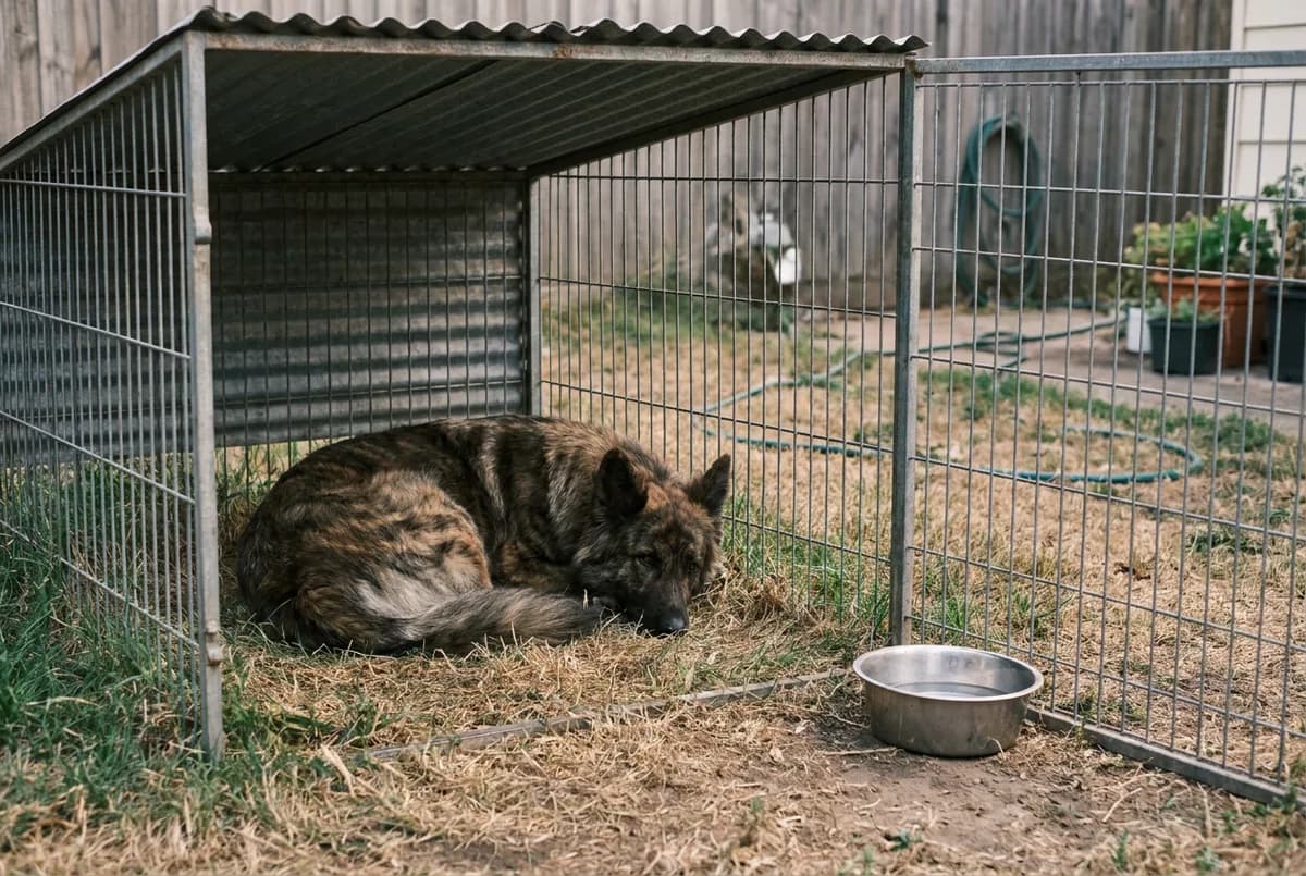 Brindle shepherd mix lying under the covered end of a galvanized outdoor kennel run beside a steel water bowl