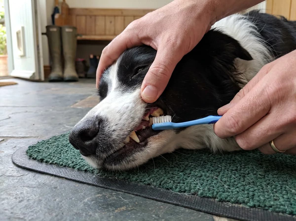 A dog has its upper lip gently lifted while a soft toothbrush cleans the outside of its teeth.