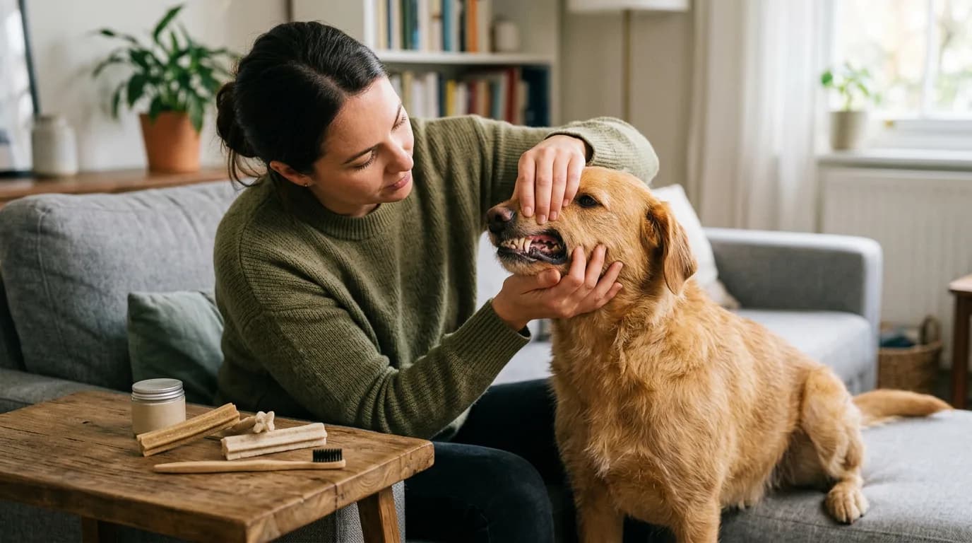An owner checking a dog's mouth before choosing a dental chew.