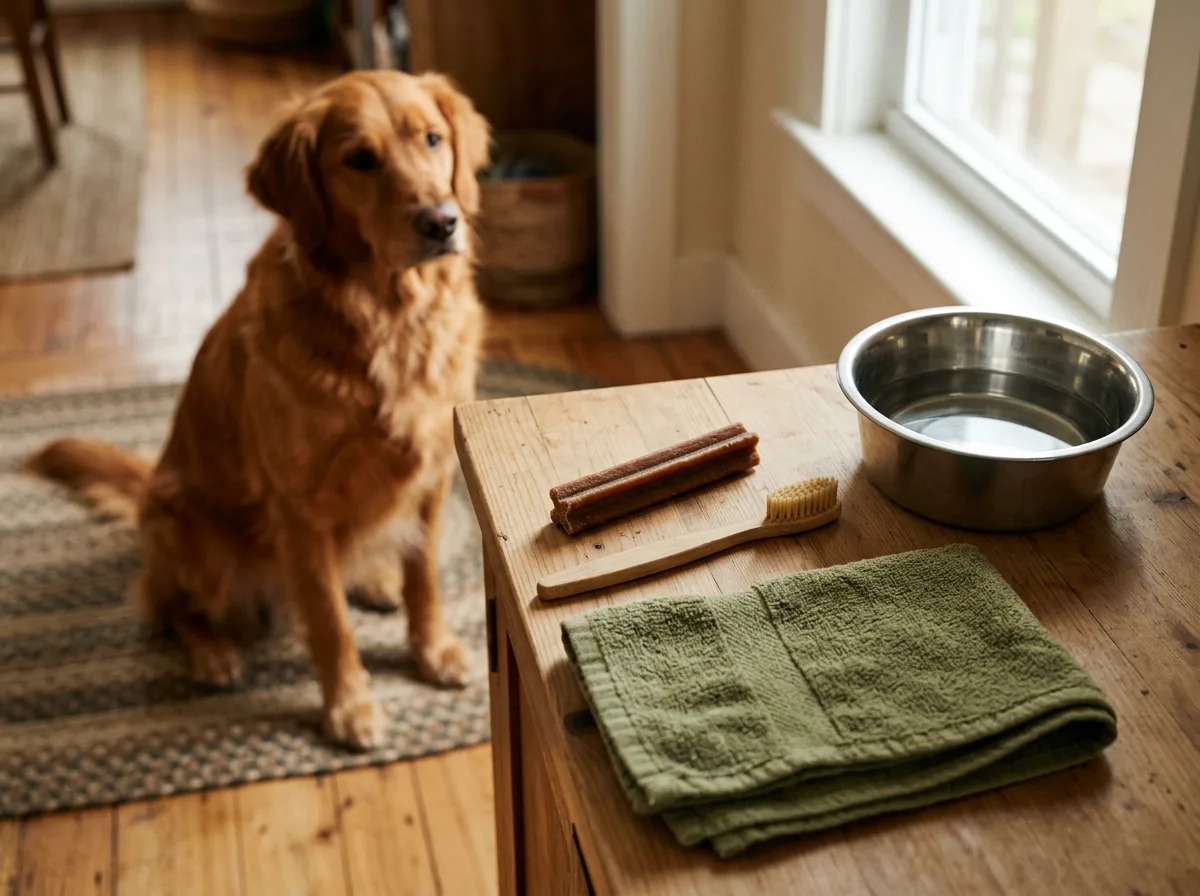 A dog dental chew beside a toothbrush and bowl for a breath-care routine.