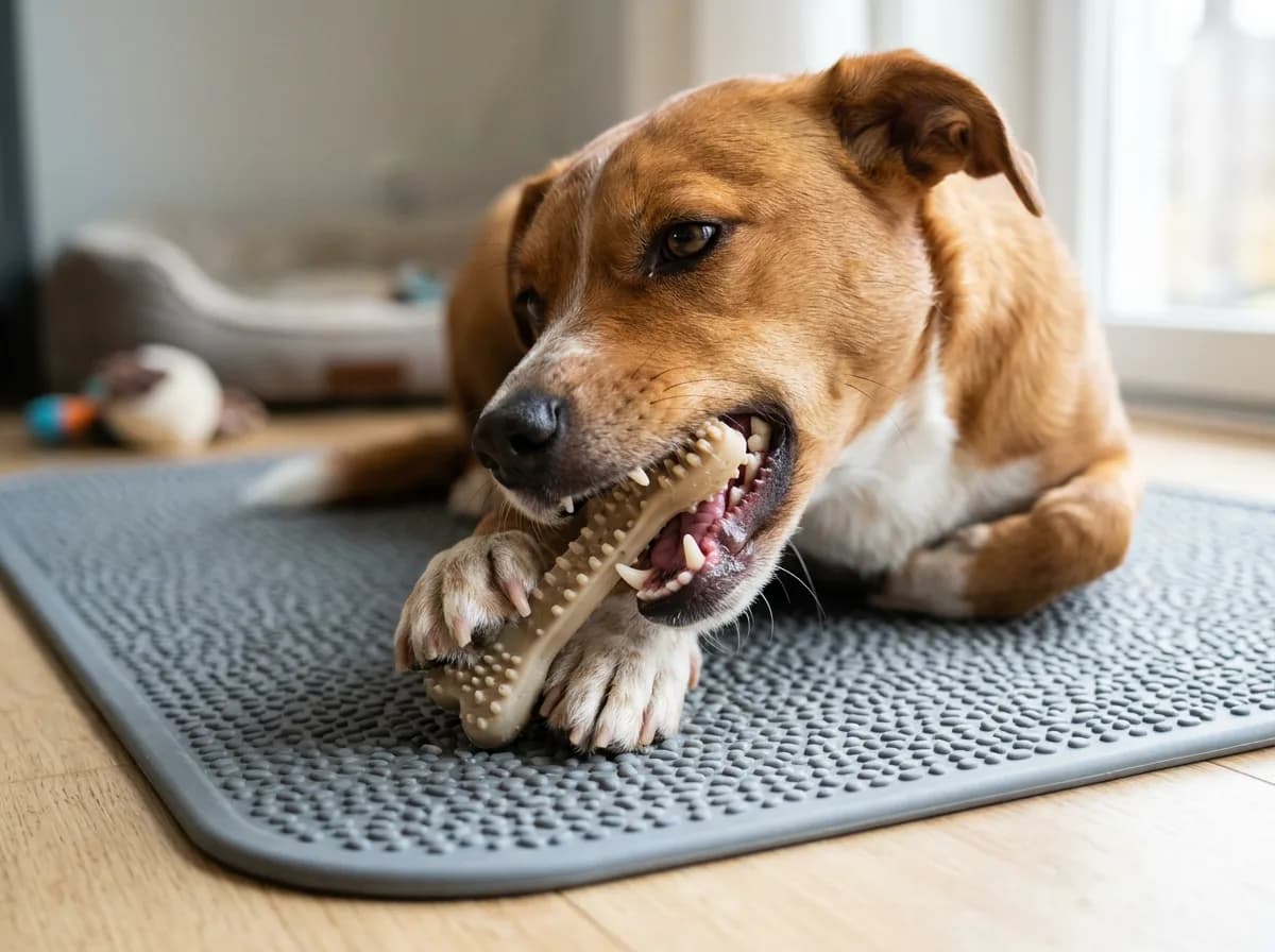 A close view of a dog chewing a textured dental chew on a mat.