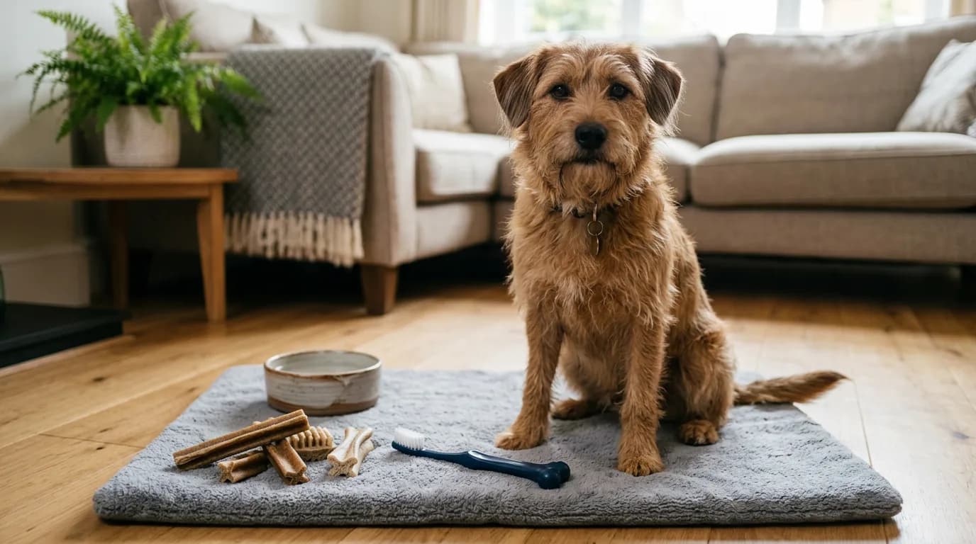 A dog dental chew beside a toothbrush and unbranded dental care items.
