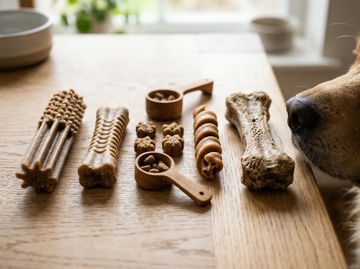 Different sizes and textures of unbranded dog dental chews arranged for comparison.