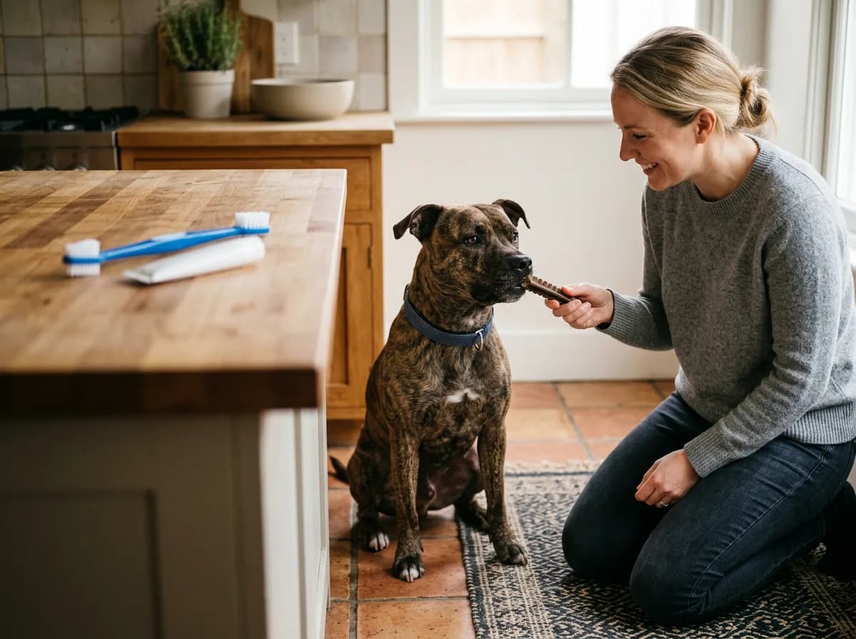 An owner offering a dental chew to a dog after setting aside a toothbrush.