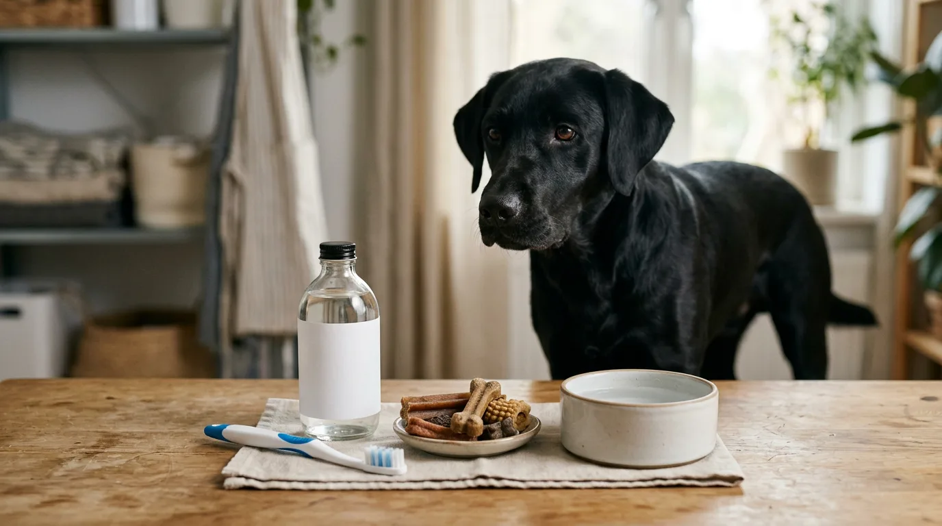 A dog dental chew, toothbrush, and water bowl arranged for a dental care comparison.