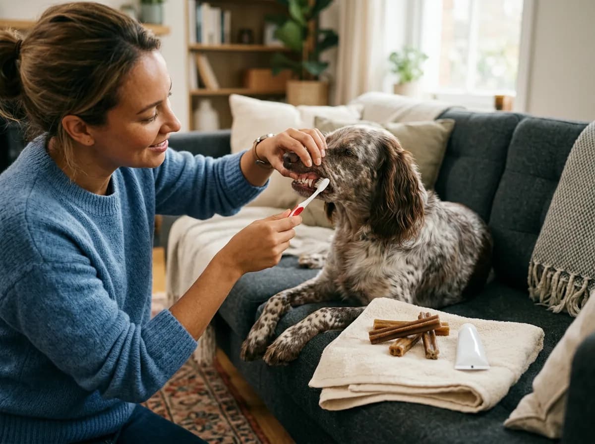 An owner brushing a calm dog's teeth with dental chews nearby.