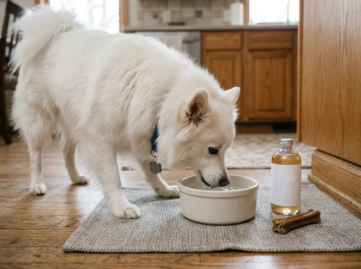 A dog drinking from a bowl beside a blank water-additive bottle and dental chew.