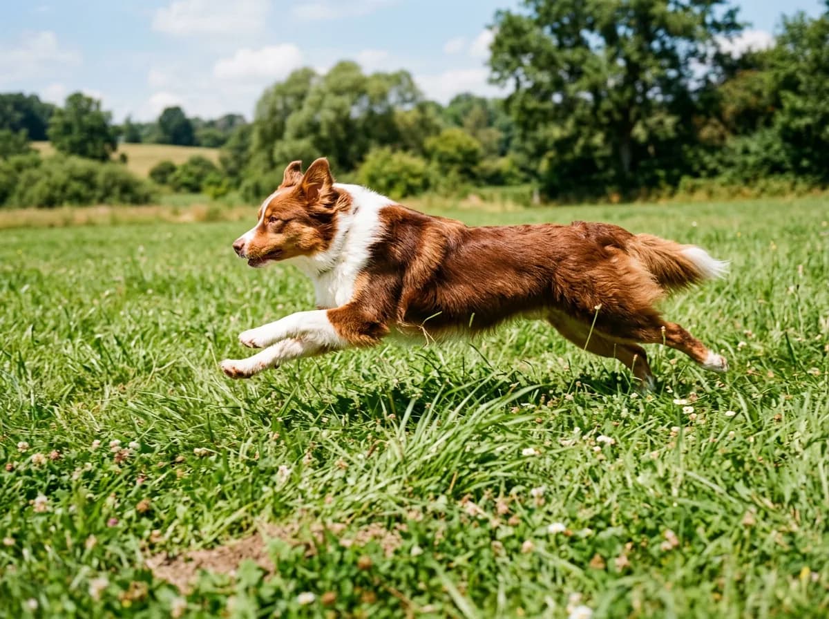 A red tri Australian Shepherd running at full stride across an open grassy field