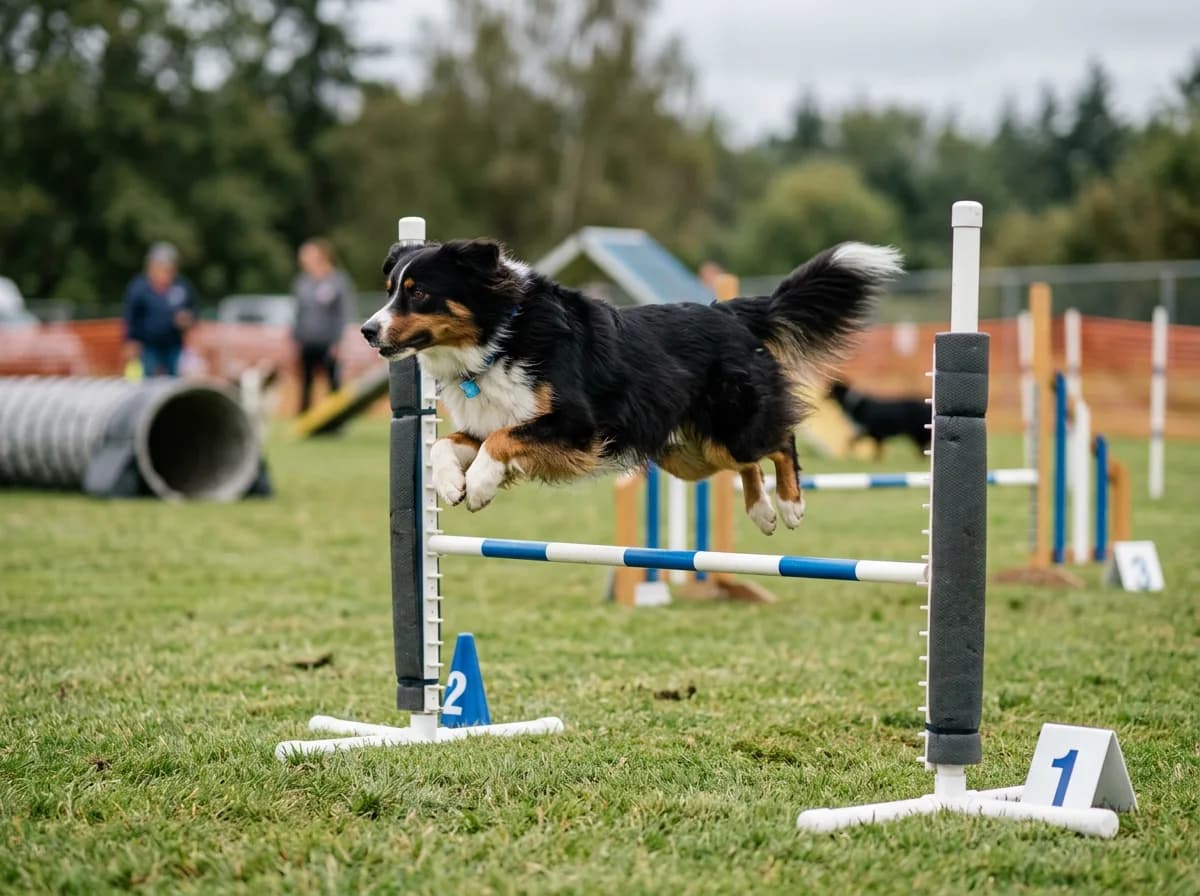 A black tri Australian Shepherd leaping over a low agility bar in mid-air on a training field