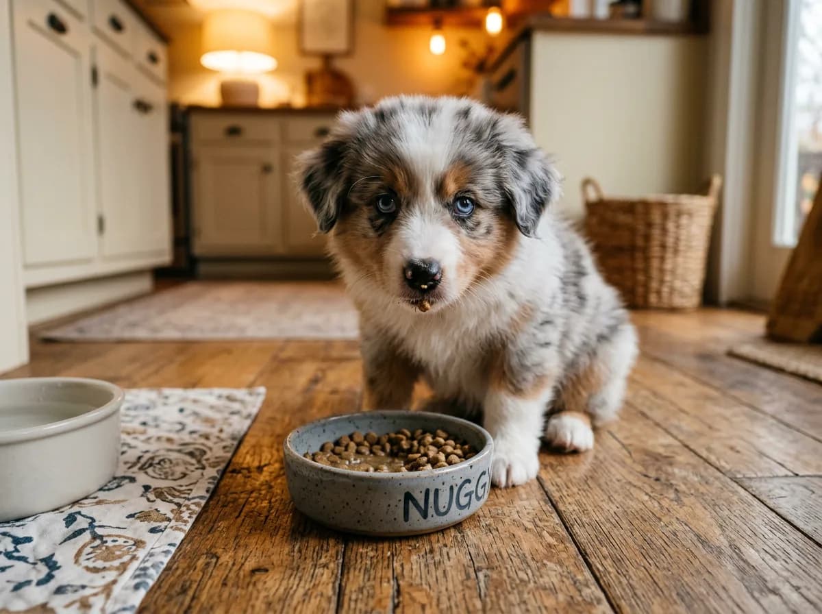 A merle Australian Shepherd puppy looking up from a low food bowl on a kitchen floor