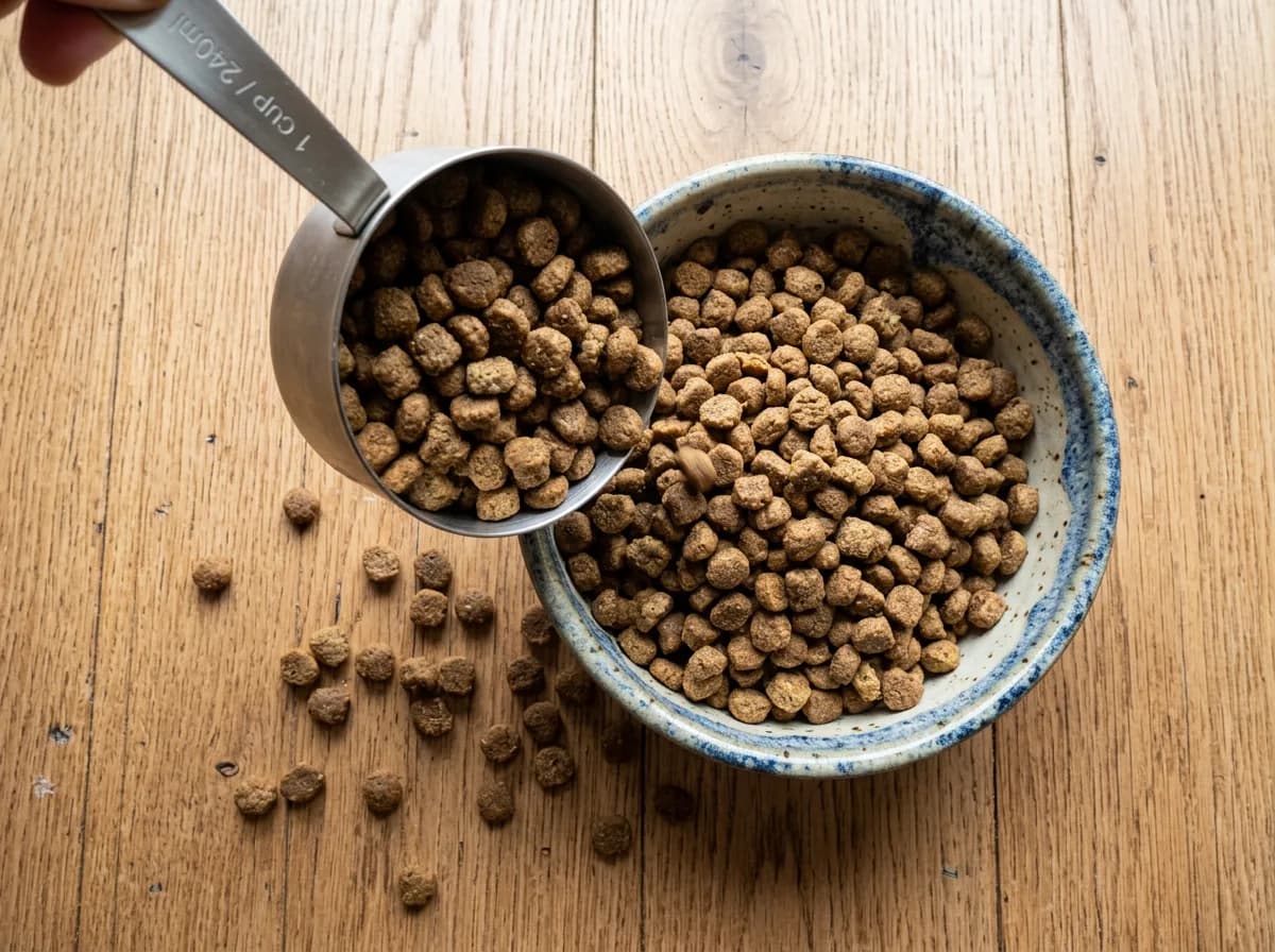 An overhead view of a measuring cup portioning dog food beside a full bowl on a wood floor