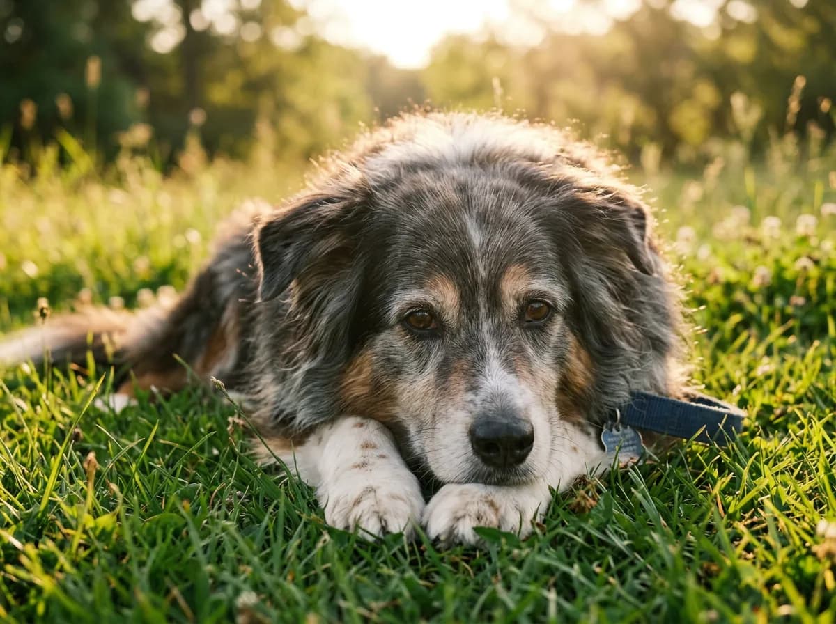 A senior Australian Shepherd with a greying muzzle resting on the grass