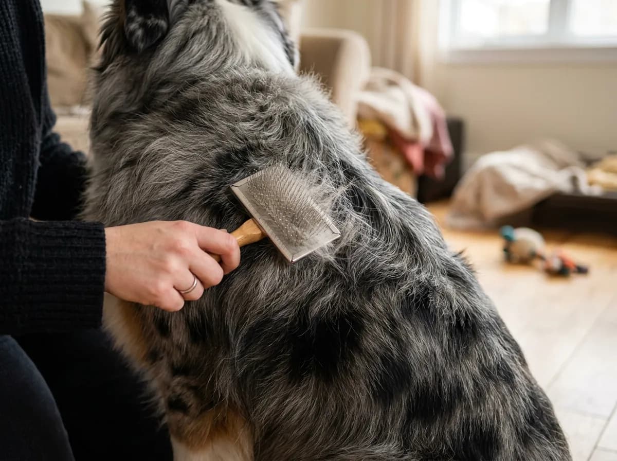 A close-up of an owner brushing the blue merle double coat of an Australian Shepherd