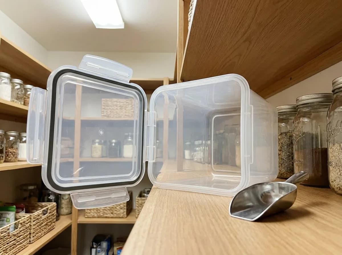 Open empty food-storage container with a detached lid and metal scoop on a pantry shelf.