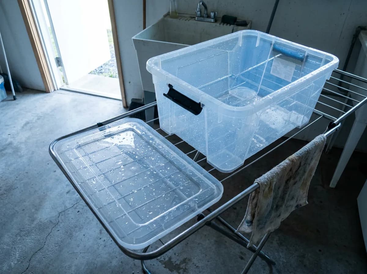 Wet empty storage bin and detached lid draining separately on a drying rack.