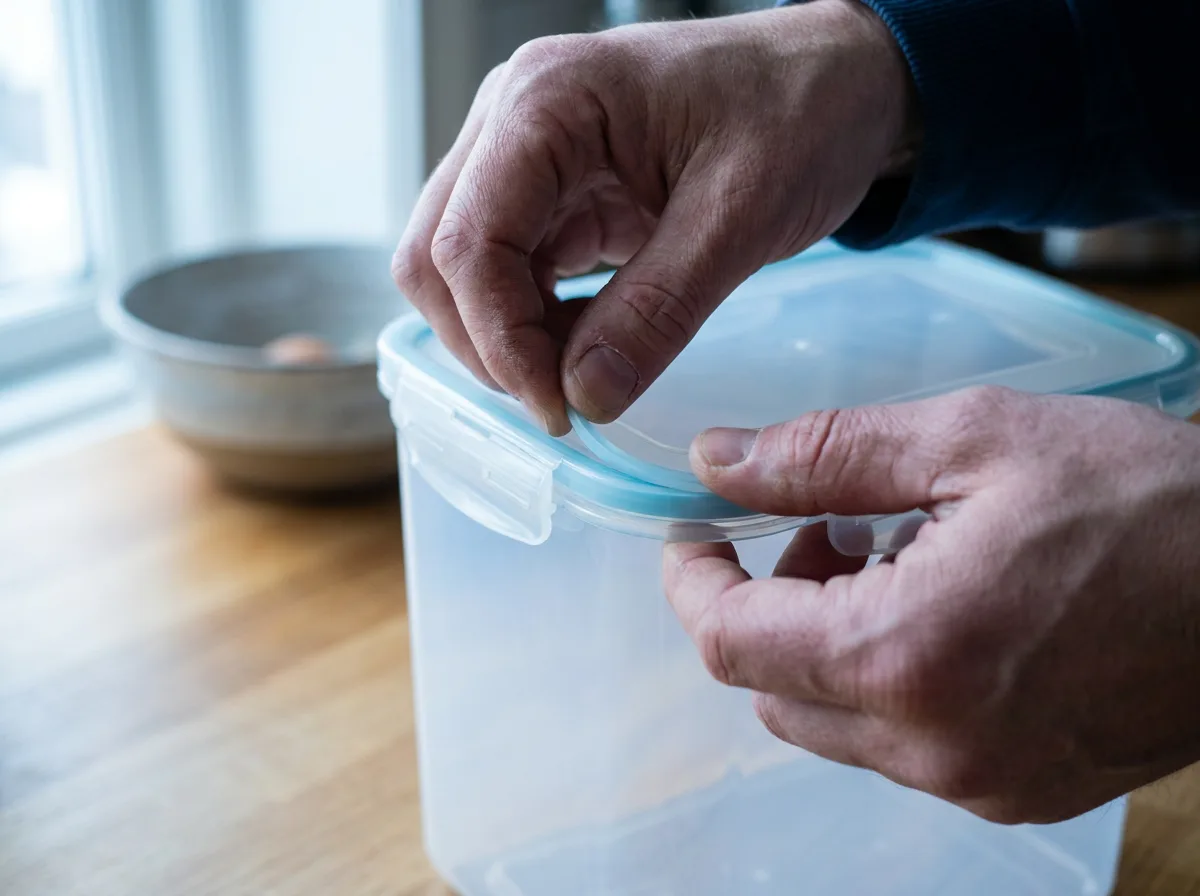 Hands lifting and inspecting a pale blue gasket at a storage-container rim.