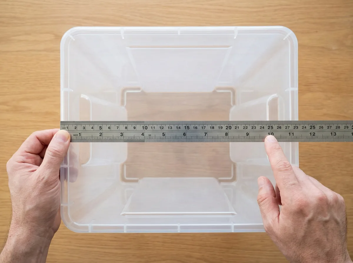 Hands holding a metal ruler across the opening of an empty clear storage container.