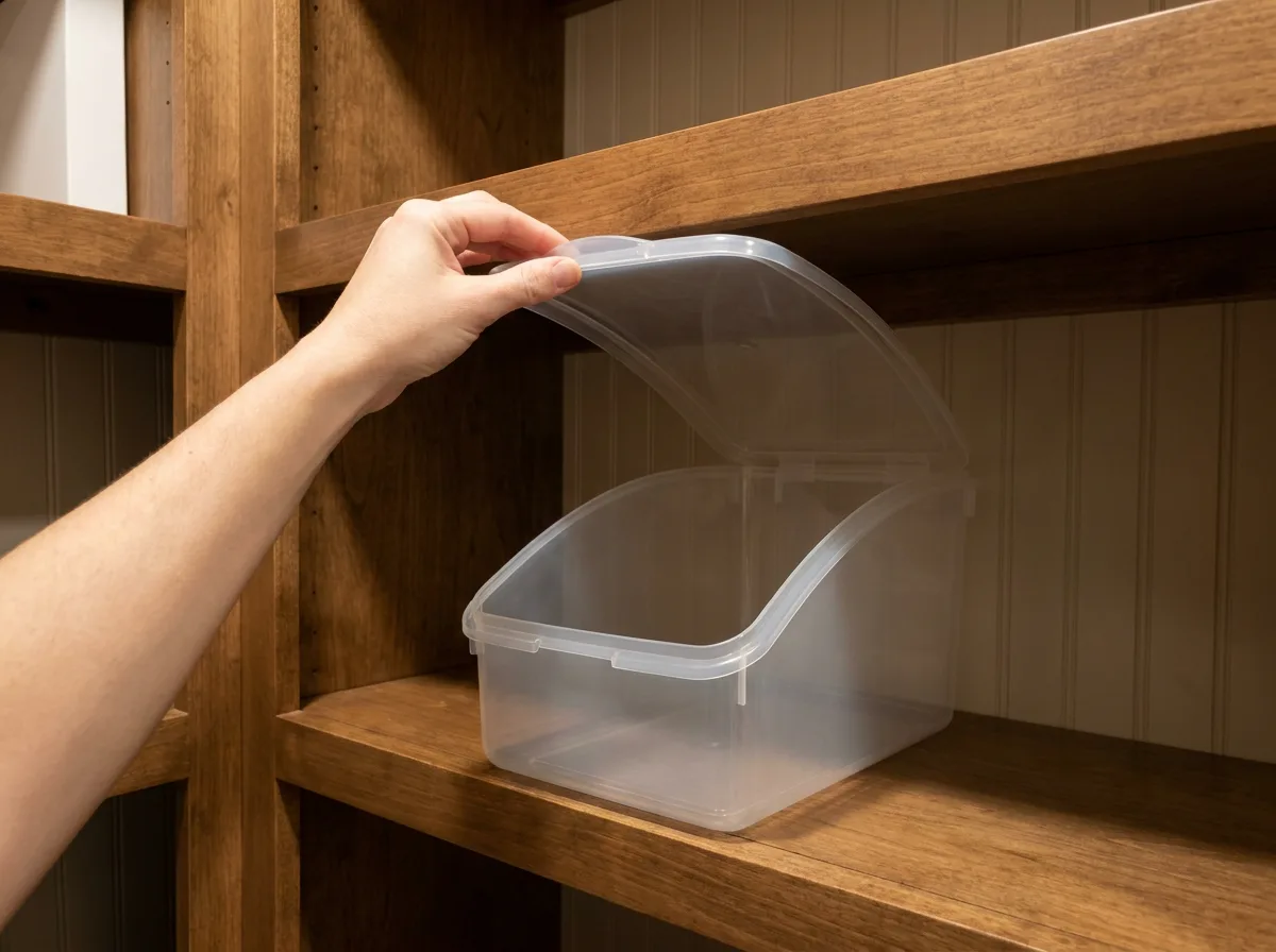 Hand lifting a storage-container lid beneath a pantry shelf.