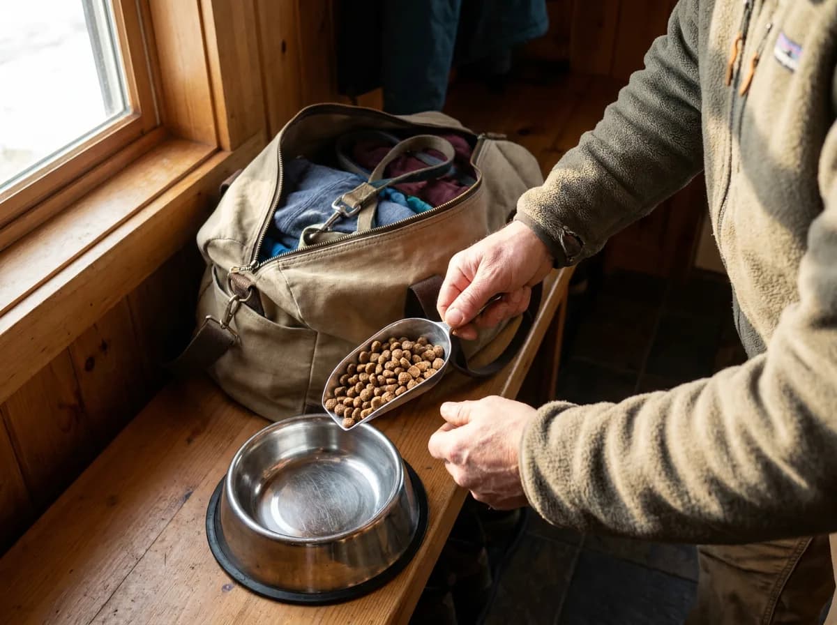 Person holding a scoop of kibble above a stainless-steel bowl beside an overnight bag.
