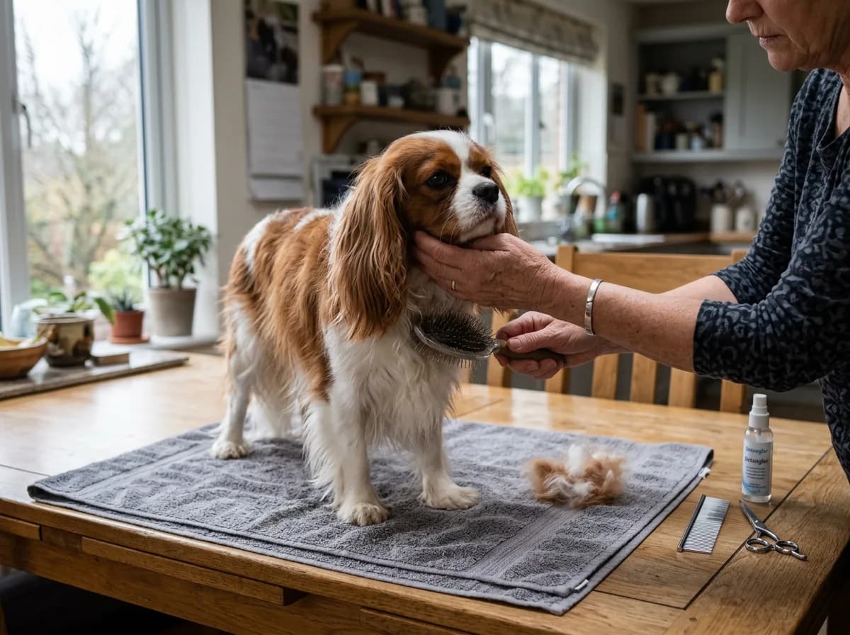 A woman brushing a Cavalier King Charles Spaniel that is standing on a grey towel on a wooden dining table, with a tuft of brushed-out fur, a comb, shears and detangling spray beside them