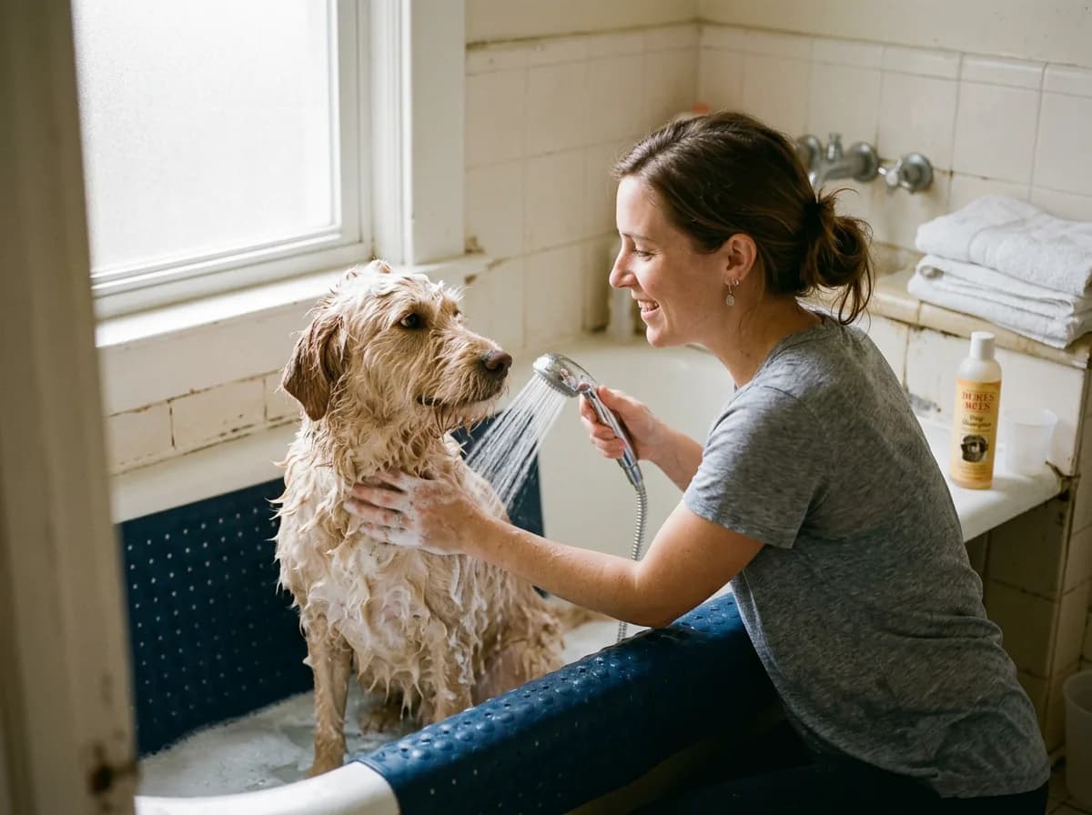 A person bathing a wet, lathered dog in a home bathtub using a handheld sprayer