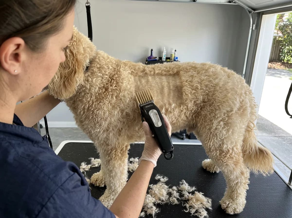A groomer running clippers fitted with a plastic guard comb along the flank of a cream Goldendoodle, leaving an even shorter track through the curly coat with clipped fur on the mat below