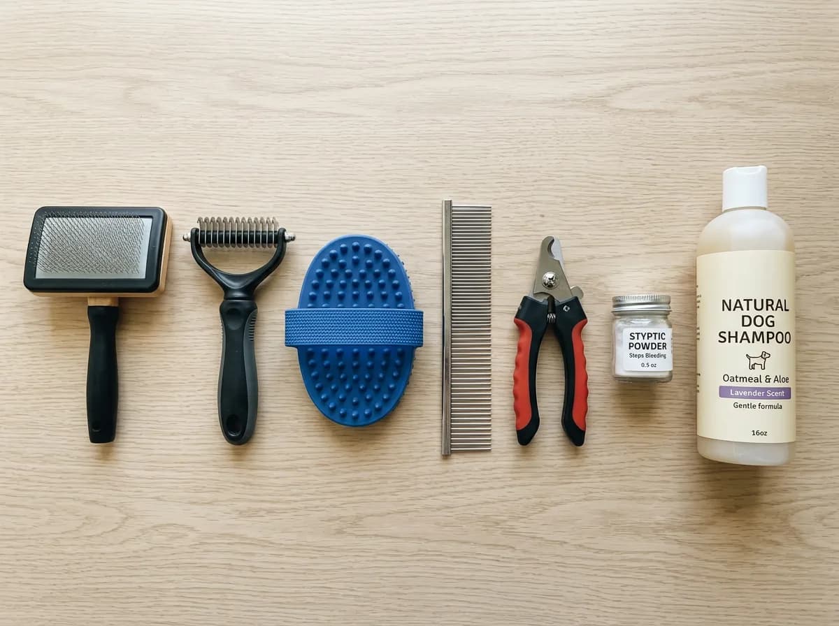 Dog grooming tools laid out by coat type: slicker brush, undercoat rake, curry brush, steel comb, nail clippers and dog shampoo