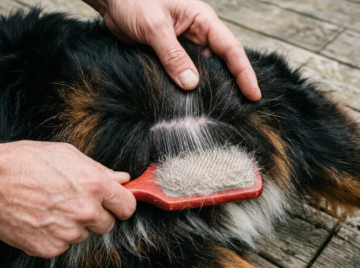 A hand parting a Bernese Mountain Dog's thick black and tan coat down to the skin while a red slicker brush lifts loose undercoat from the exposed layer