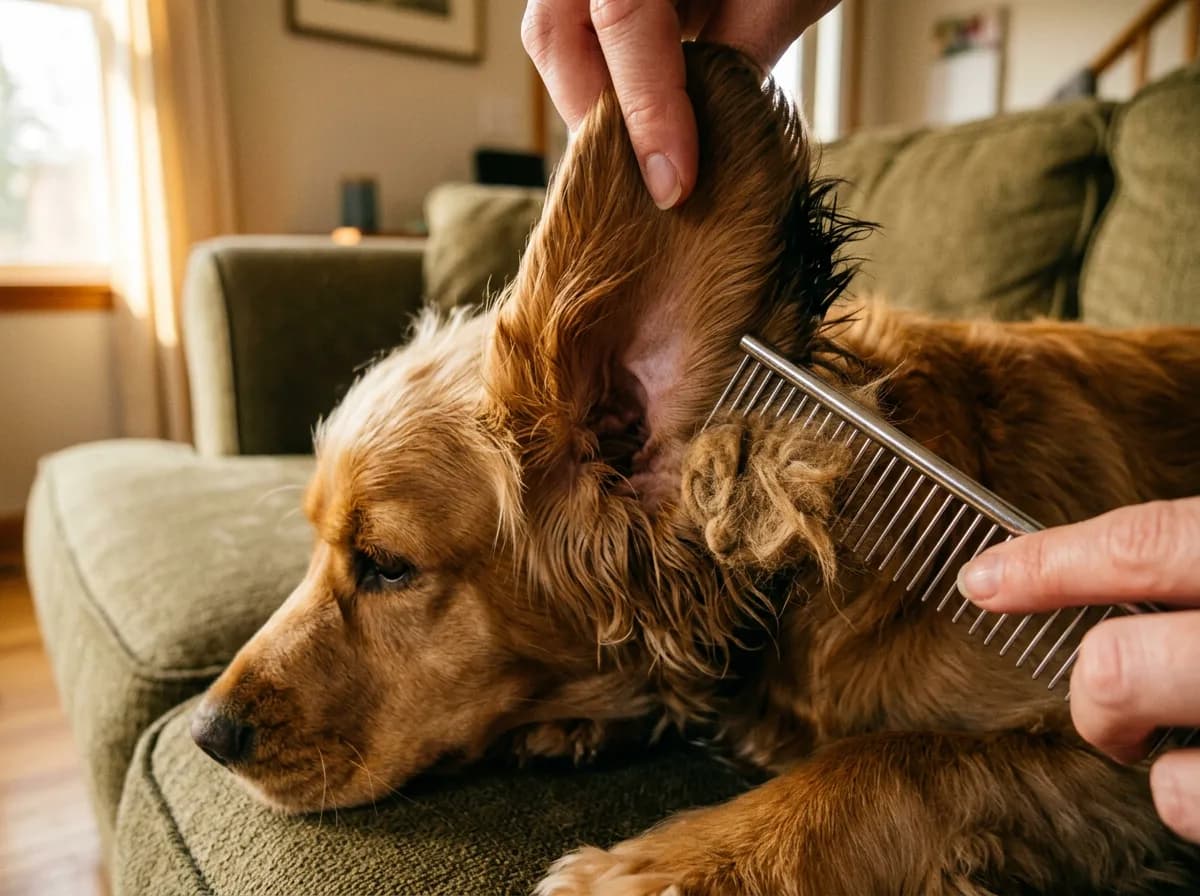 A steel comb being worked into a dense felted mat behind the ear of a golden Cocker Spaniel lying on a couch