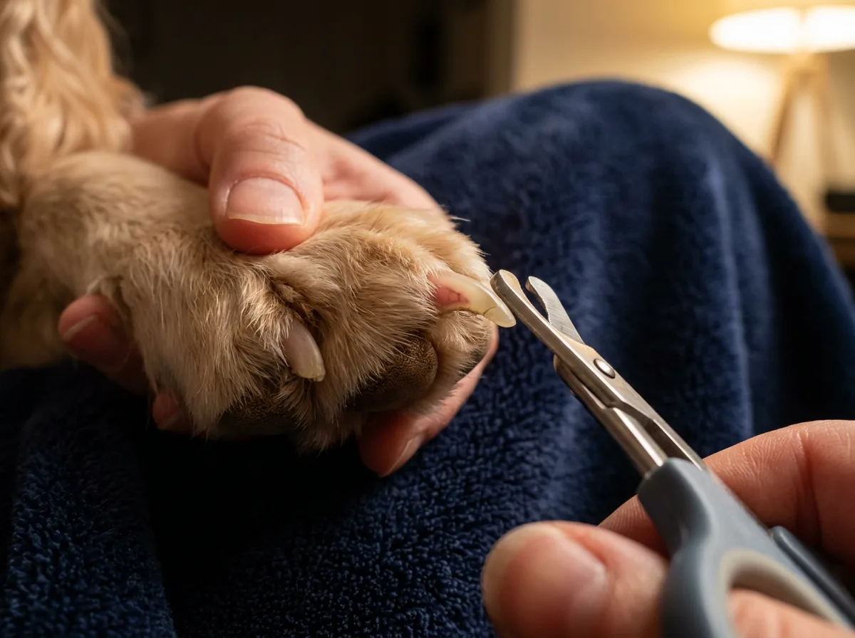 A person spreading a dog's toes and positioning scissor-style nail clippers at the clear tip of a pale nail, beyond the pink quick visible inside it