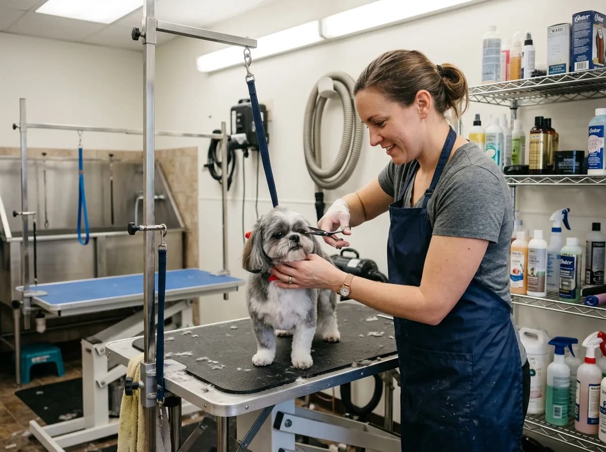 A professional groomer in a navy apron using round-tipped shears to trim the face of a grey and white Shih Tzu standing on a salon grooming table