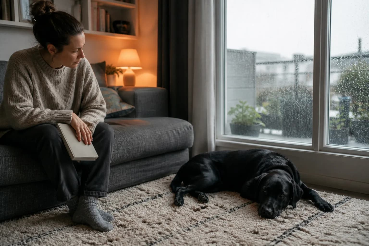 Quiet dog resting at home while its owner checks on its energy level