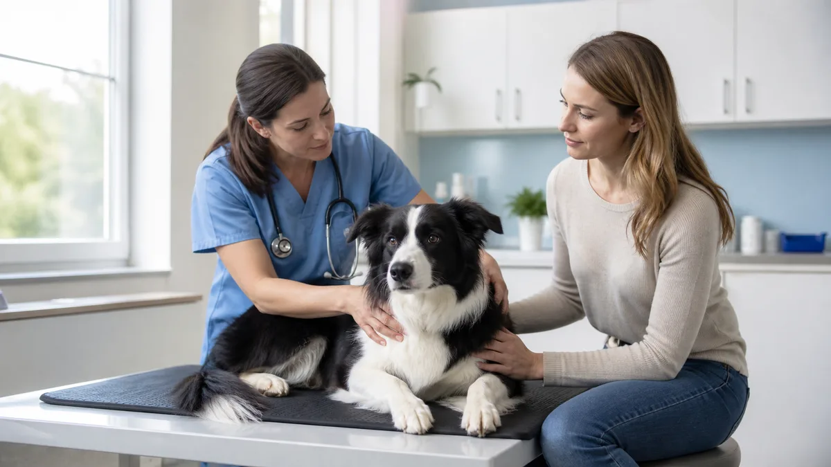 Border collie resting calmly during a veterinary examination with its owner